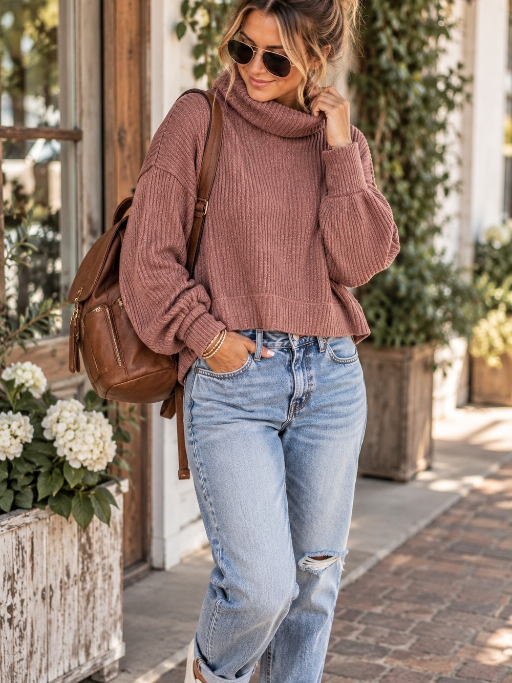 We The Free Cozy Ribbed Turtleneck Sweater - Dusty Rose
